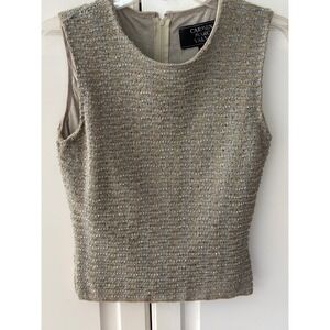 Carmen Marc Valvo Silver Metallic Beaded Sleeveless Knit Top Shell Size 8